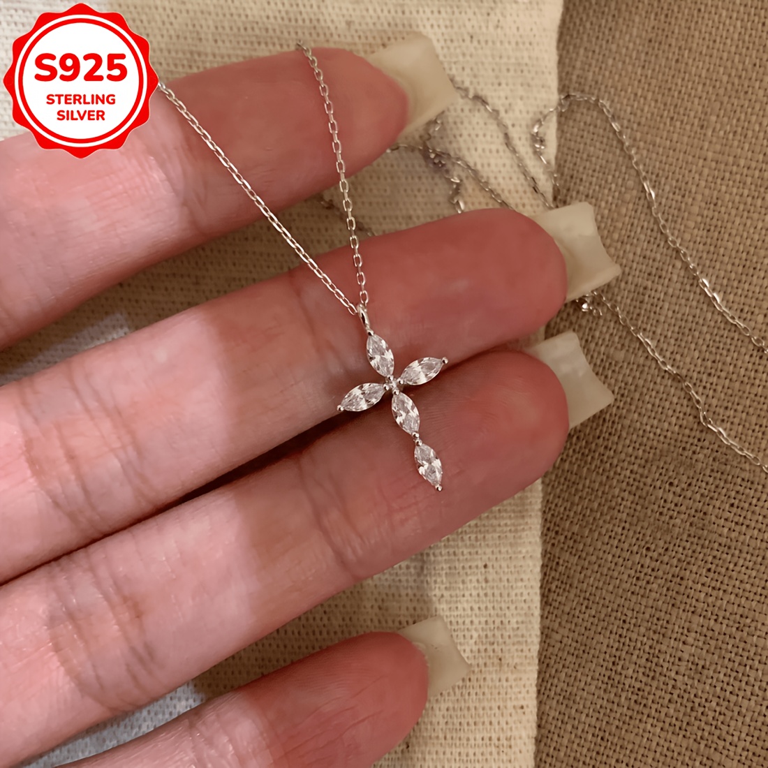 Women's S925 Silver Horse Eye Zirconia Cross Necklace